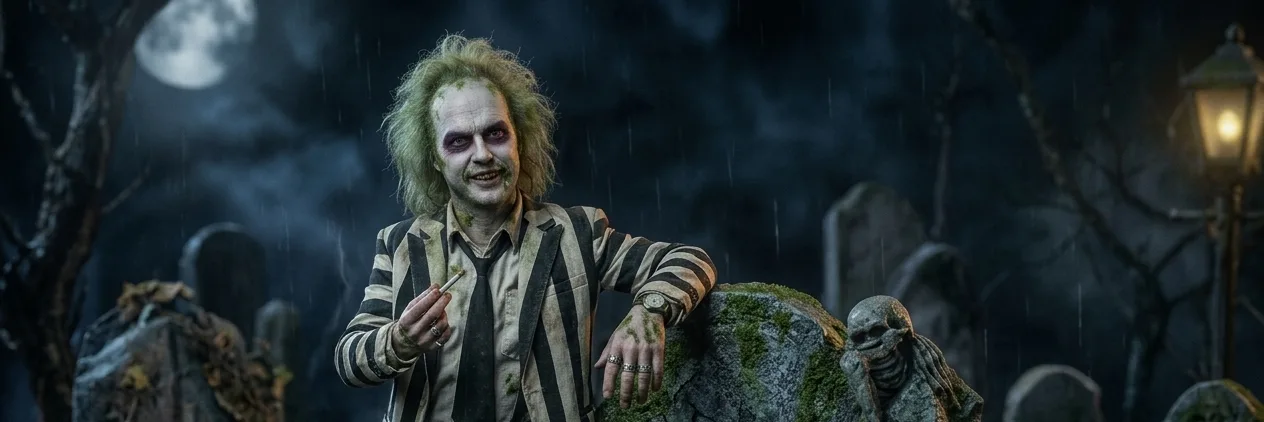Beetlejuice standing in a moonlit graveyard
