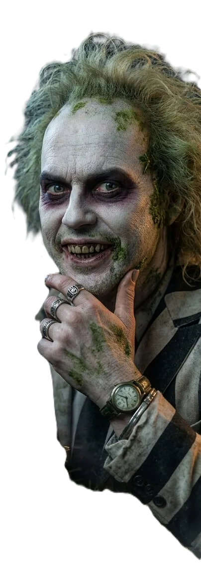 Beetlejuice leaning in with his chin on his hand