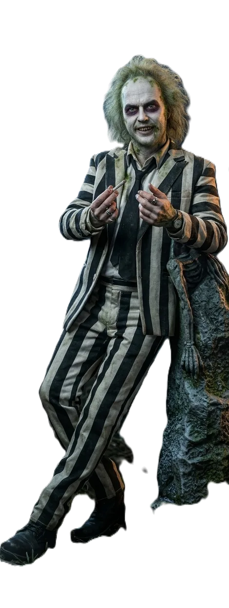 Beetlejuice standing in his striped suit, waiting